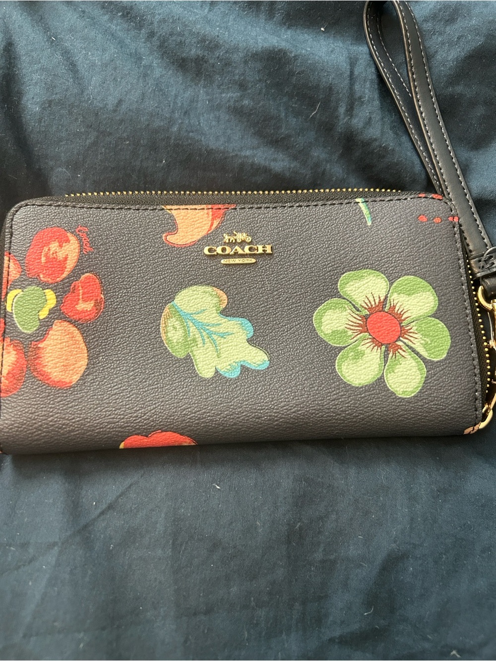 Coach Black Floral Zip Wristlet Wallet with Green and Red Accents